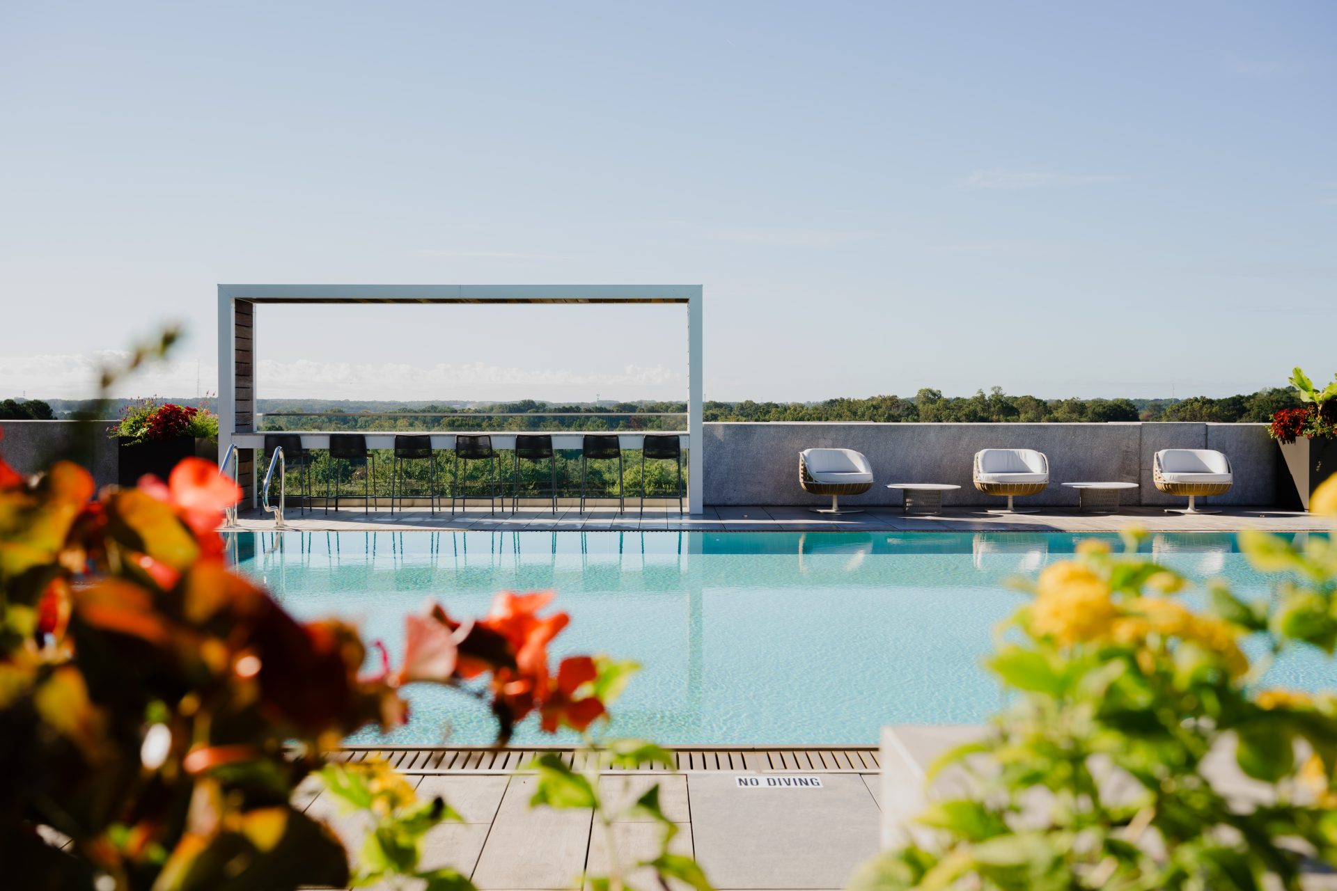 Resort-style pool surrounded by tropical landscaping and flowers