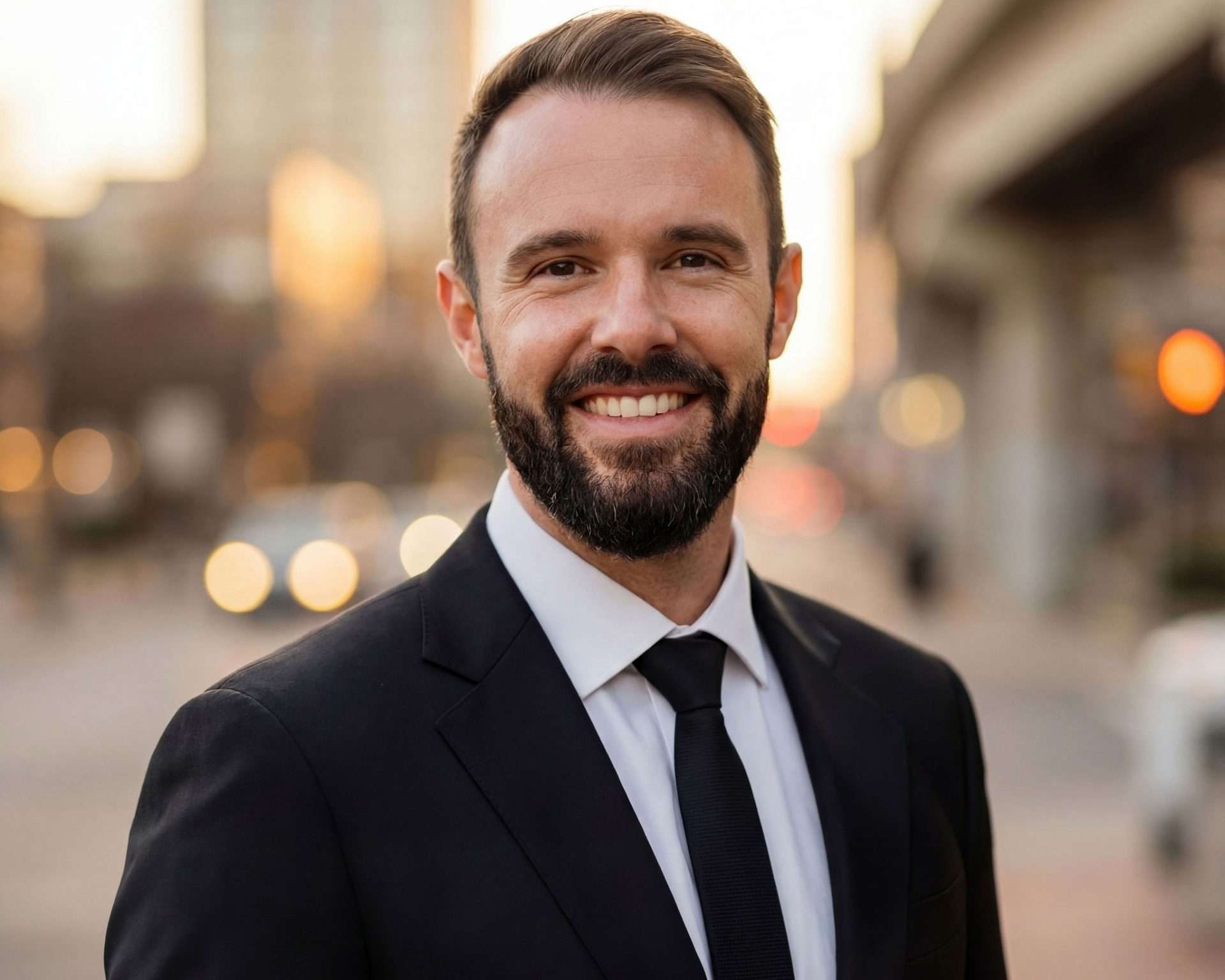 Cody Hughes, Owner and CEO of Redefined, wearing a suit and tie with a warm smile against a blurred outdoor background